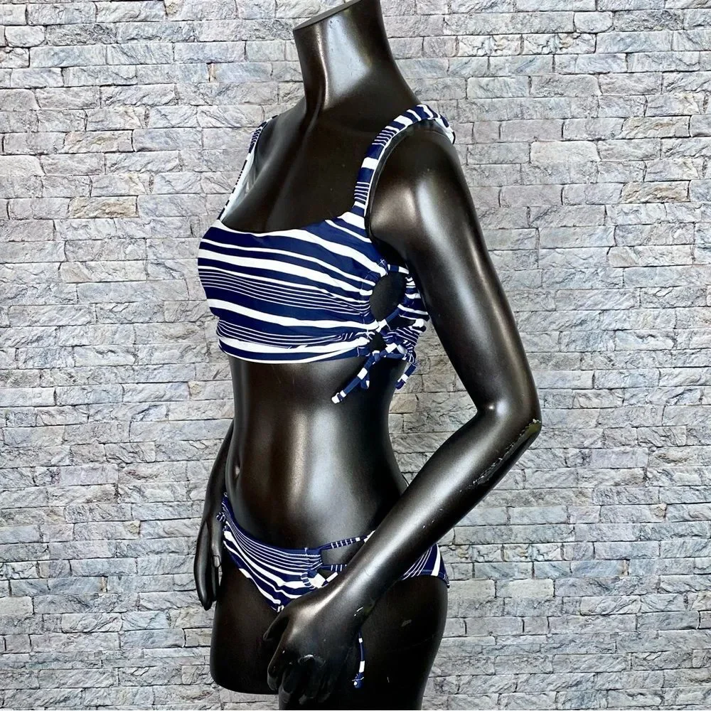 Aerie Bikini Scoop Side Tie SZ Medium Navy Blue White Stripe Wide Strap